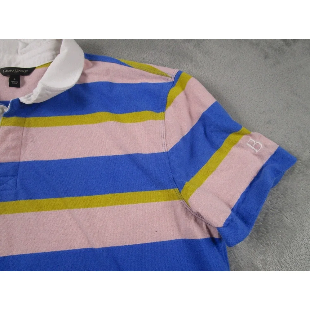 Banana Republic Polo‎ Mens Large Blue Striped Preppy Modern Casual